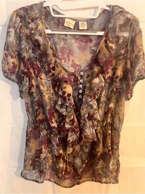 Covington Floral Ruffle Button-Front Blouse in Purple and Olive